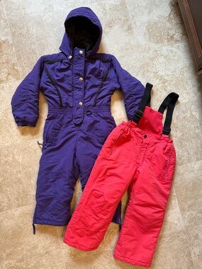 Kids Purple One-Piece Snow Suit & Red Bib Snow Pants Set
